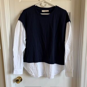 NWT LOFT Navy Pullover-Look Sweatshirt with White Shirt Hem